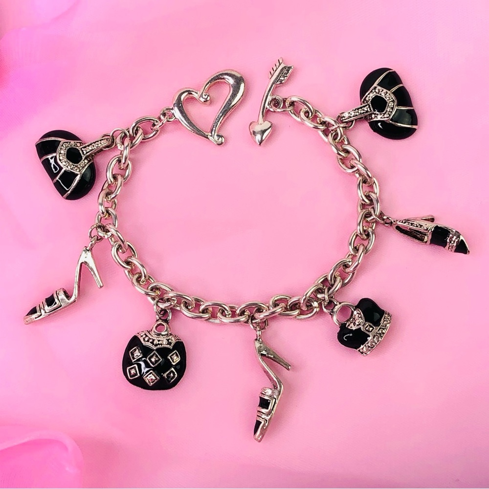 7 Charms Chain Bracelet 8" Designer Inspired Enamel Shoes Bag Purse Heart Arrow